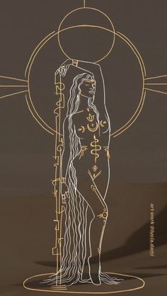 a drawing of a woman standing in front of a sun with symbols around her body