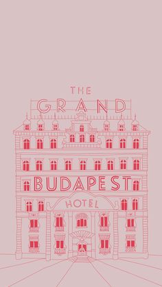 the grand budapest hotel is shown in red and pink, as well as an illustration