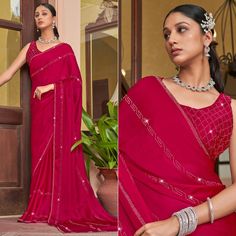 Pink colored saree is made from georgette fabric which is highlighted with beautiful woven with swarovski work as shown. Comes along with unstitched silk georgette blouse piece which you can customise as per your design/style. Occasion - You can wear this saree for party and functions. Note:- the actual product may differ slightly in color and design from the one illustrated in the images when compared with computer or mobile screen. Measurements: Saree : Georgette : 5.5 Mtrs , Blouse : Georgett Chiffon Saree With Mirror Work, Traditional Chiffon Saree With Mirror Work, Elegant Georgette Saree With Mirror Work, Elegant Chiffon Saree For Diwali, Chiffon Wedding Saree With Self Design, Wedding Chiffon Saree With Self Design, Elegant Georgette Saree For Celebration, Elegant Red Chiffon Saree, Elegant Chiffon Blouse For Navratri