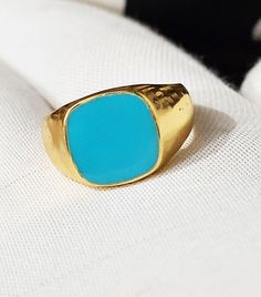 Solid 925 Sterling silver rings,  Turquoise Enamel Ring. Signet ring Available In different ring sizes US 4 to US 16. The rings are manufactured from solid 925 Sterling Silver Stamped 925 Average weight 4.50 grams depending on size """Guaranteed Genuine .925 Sterling Silver, 18K Yellow Gold Plated.""" Luxury Turquoise Signet Ring For Men, Turquoise Enamel Ring For Anniversary, Classic Turquoise Signet Ring As Gift, Turquoise Enamel Anniversary Ring, Turquoise Enamel Ring As Gift, Turquoise Enamel Ring Gift, Yellow Gold Turquoise Ring With Polished Finish, Luxury Gold Turquoise Wedding Ring, Luxury Blue Dome Ring As Gift