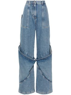 sky blue cotton washed denim wide leg belt loops two diagonal pockets to the sides knee detailing logo patch to the rear two rear patch pockets front button and zip fastening Denim Wide Leg, Leg Belt, The Attico, Kawaii Style, Denim Chic, Cotton Jeans, Long Trousers, Long Jeans, Women Cargos