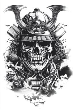 a black and white drawing of a skull wearing a helmet with two horns on it