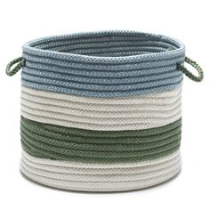 multicolored rope basket with handles on the bottom and sides, set against a white background