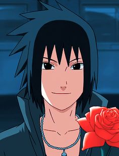 an anime character with black hair holding a red rose in front of his face and looking at the camera