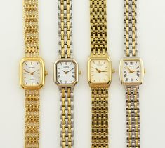 Collection of Vintage Women's Watches 1 Sekonda  A classic gold-tone watch featuring a rectangular case and a champagne-colored metallic dial. The mesh-style metal bracelet adds a touch of elegance. Dimensions: Bracelet Length: up to 17.8 cm (7 inches) - adjustable Case Width: 1.8 cm (0.7 inches) Case Length: 2.3 cm (0.9 inches) Bracelet Width: 1 cm (0.4 inches) Condition: The watch is in good condition with minor wear. Details in the photo. 2 Lorus  A two-tone watch with an octagonal silver-tone case and a white dial with Roman numerals. The metal bracelet is also two-tone, giving it a sleek, minimalist look. It is waterproof, adding practicality to its style. Dimensions: Bracelet Length: up to 15.9 cm (6.3 inches) - adjustable Case Width: 1.7 cm (0.7 inches) Case Length: 2 cm (0.8 inches Two Tone Watches Women, Toned Women, Vintage Watches Women, Citizen Watch, Waterproof Watch, Classic Metal, Two Tone Watch, Classic Gold, Women Wrist Watch