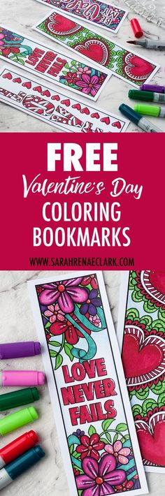 valentine's day coloring bookmarks with markers and crayons on the table