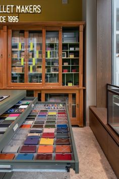 a display case filled with lots of different color samples