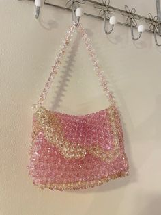 Handmade beaded pink & pearl handbag. Made with plastic beads and love. Cheap Pink Beaded Bags, Cheap Pink Beaded Shoulder Bag, Pink Rectangular Shoulder Bag With Pearl Handle, Pink Pouch Bag With Pearl Handle, Pink Beaded Shoulder Bag, Pink Beaded Bag For Everyday Use, Pink Handheld Evening Bag With Pearl Handle, Everyday Pink Beaded Bag, Pink Beaded Pouch Bag