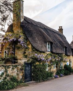 an old thatched house with wistery vines growing on it