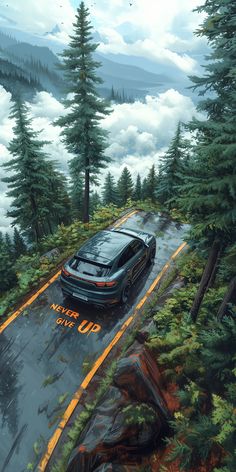 a painting of a black car driving down a wet road in the mountains with pine trees