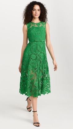 Self Portrait Green Lace Sleeveless Midi Dress | Shopbop Sleeveless Green Lace Midi Dress, Lace Belted Dress For Party, Belted Lace Dress For Party, Belted Lace Party Dress, Chic Lace Belted Dress, Chic Belted Lace Dress, Elegant Green Sleeveless Lace Dress, Sleeveless Scalloped Lace Dress, Sleeveless Lace Dress With Scalloped Edges