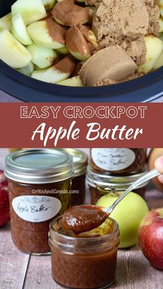 an apple butter recipe is shown with apples and cinnamon in the background, and on top of