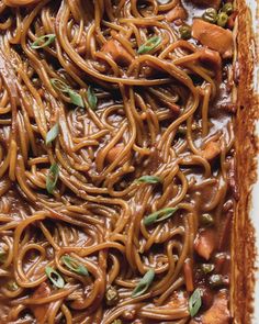 an overhead view of some noodles and vegetables