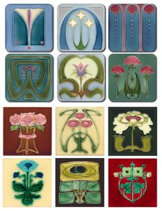 nine art deco tile designs with flowers and umbrellas