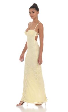 Lace Floral Trim Maxi Dress in Yellow | LUCY IN THE SKY Prom Dresses Tight Fitting Lace, Yellow Corset Formal Dress, Yellow Lace Prom Dresses, Soft Yellow Dress Prom, Yell Prom Dresses, White Formal Dress Long Lace, Prom Dress White Lace, Nuetral Prom Dress, Sheri Hill Yellow Prom Dress