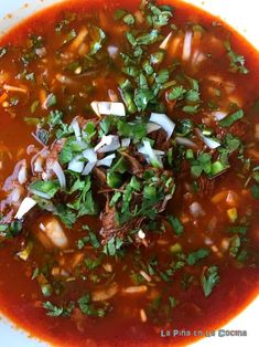 a bowl of soup with meat, onions and cilantro in tomato broth