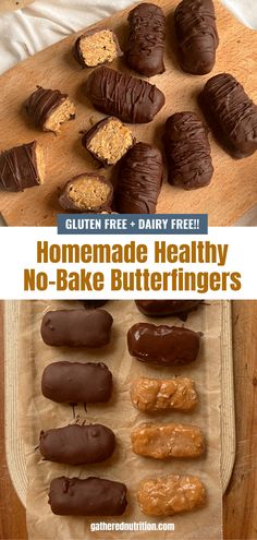 homemade healthy no - bake butterfingers on a cutting board with text overlay