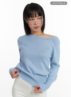 Off-Shoulder Knit Sweater IF423 Light Blue Long Sleeve, Stylish Wardrobe, Women Street, Wardrobe Style, Blue Long Sleeve, Fashion Street, Print Top, Street Style Women, Workout Tops