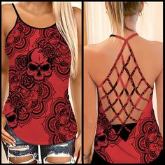 AIO Pride Flower Mandala Skull Criss-cross Tank Top Our new style tank top for ladies! It is not your average tank. This stylish top features a crisscross strappy design with a scoop neck front and back. Perfect camisole Tank top for yoga, exercise, fitness, gym, running, any type of workout or everyday Use. Our active wear combine fashion, function and performance. Made of 100% micro fiber, Soft & lightweight fabric for cool & dry all day comfort. Dye-sublimation printing. For solid colours and Mandala Skull, Top For Ladies, Criss Cross Tank Top, Tattoo T Shirts, Red Skull, Tank Top Camisole, Flower Mandala, Style And Grace, Matching Top