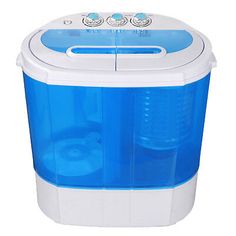 a blue and white portable washing machine on a white background with clippings to the side