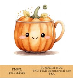 a watercolor drawing of a pumpkin in a mug