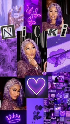 a collage of photos with purple hair and neon lights in the shape of hearts