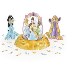 the disney princesses party decorations are shown in different colors and sizes, including one with a tiara