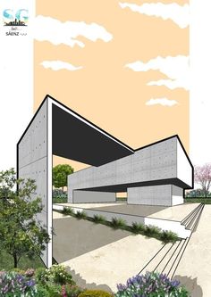 an architectural drawing of a building with trees and flowers in the foreground, on a sunny day