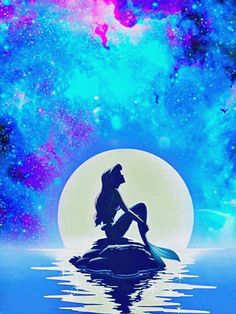 the little mermaid sitting on top of a rock in the ocean under a full moon