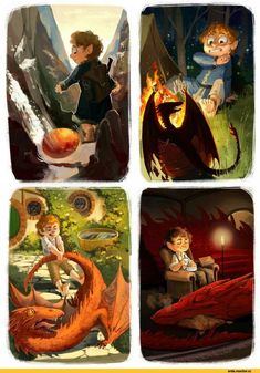 four different pictures of people and animals in the same place, one with a dragon