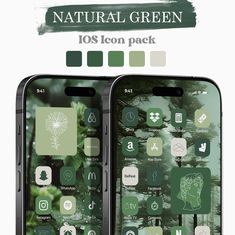 two iphones with icons on them and the text natural green is shown above it