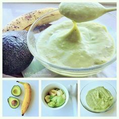 an avocado dip is being poured into a bowl with bananas and other ingredients