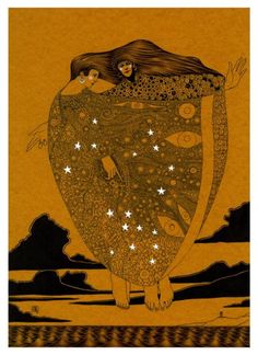 an illustration of a woman floating in the air with stars and fish on her back