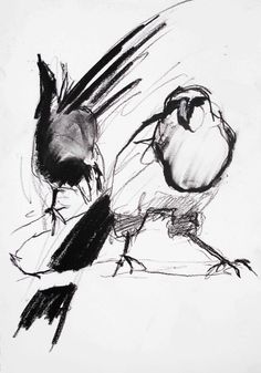 two birds standing next to each other on top of a white sheet with black ink