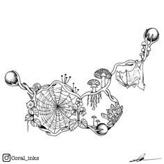 an ink drawing of a spider web and other things in the air, including balloons