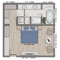 the floor plan for a small apartment with two beds and one living room, including a kitchen