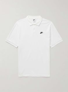 NIKE Club Logo-Embroidered Cotton-Piqué Polo Shirt for Men Fitted Polo Shirt With Embroidered Logo, Classic White Polo Shirt With Embroidered Logo, White Polo Collar T-shirt With Embroidered Logo, Casual Tops With Embroidered Logo And Collared Neckline, White Collared Top With Embroidered Logo, Casual Tops With Collared Neckline And Embroidered Logo, White Sporty Polo Shirt With Collared Neckline, Classic Polo Shirt With Embroidered Logo For Streetwear, Casual Polo T-shirt With Embroidered Logo