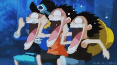 three cartoon characters with their mouths open in front of a blue background and an aquarium