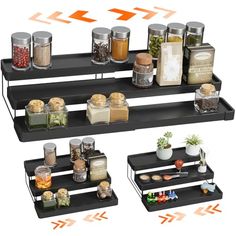 three shelves with spices and condiments on them, one is black the other has orange arrows