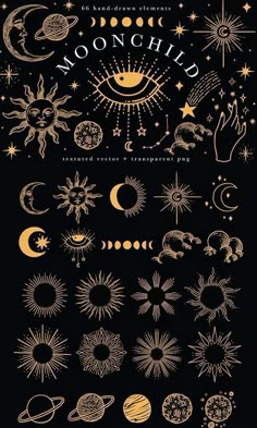 the moon and stars are drawn in gold ink on black paper, with an image of planets