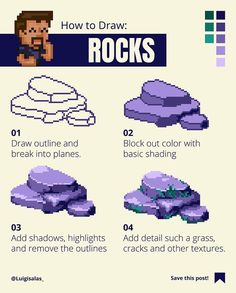 how to draw rocks in pixel art with pictures and text on the bottom right hand corner