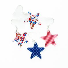 These July 4th Patriotic Earrings will be the perfect addition to your celebratory USA outfit! SIZING: Stars are approximately 1 inch wide & 1 inch long. Drop length is approximately 1 3/4 inches.  MATERIALS: Silver stainless steel earring hooks are hypoallergenic and will not tarnish. Jump rings are sterling silver. Stars are made of acrylic.  PACKAGING: Earrings arrive in a cotton filled swirl white jewelry box gift case. Perfect for gift giving! SHIPPING: All orders are shipped in 1-3 busines Patriotic Red Star-shaped Earrings, Patriotic Red Star Earrings, Patriotic Earrings For 4th Of July Gift, 4th Of July Gift Drop Earrings, Red Dangle Earrings For 4th Of July, Independence Day Gift Dangle Earrings, Independence Day Dangle Earrings Gift, Independence Day Dangle Earrings As Gift, Red Jewelry With Ear Wire For Independence Day