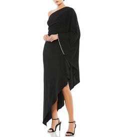 Short Wedding Guest Dresses, Cape Sleeve Dress, Formal Wedding Guest Dress, Long Cape, Formal Dresses Gowns, Party Dress Long Sleeve, Cape Sleeves, Short Cocktail Dress, Rhinestone Trim