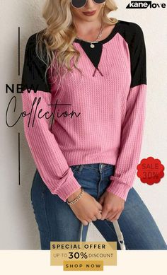 Contrast Patchwork Long Sleeve Top Pink Color Block V-neck Top, Pink V-neck Color Block Top, Crew Neck Patchwork Tops For Work, Patchwork Crew Neck Top For Office, Patchwork Crew Neck Top For Work, Pink Color Block Top For Fall, Pink V-neck Patchwork Top, Casual Patchwork Tops For Work, Pink Patchwork Tops For Fall