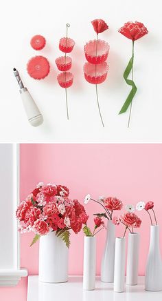 flowers in white vases with pink background