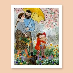 a painting of three people standing under an umbrella in the rain with flowers behind them