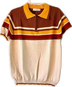 Brown Short Sleeve Polo Shirt For Fall, Vintage Brown Crew Neck Top, Retro Collared Polo Sweater For Fall, Vintage Cotton Polo Sweater With Ribbed Collar, Retro Short Sleeve Cotton Polo Sweater, Retro Polo Collar Tops For Fall, Retro Cotton Collared Sweater, Retro Collared Cotton Sweater, Retro Fitted Tops With Ribbed Collar