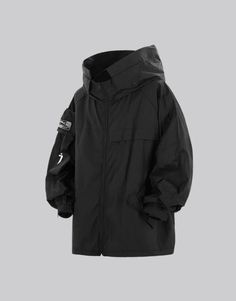 Summer Techwear Jacket Black Oversized Techwear Parka, Oversized Black Techwear Parka, Casual Waterproof Windbreaker For Urban Adventures, Cyberpunk Black Windbreaker With Pockets, Sporty Long Sleeve Windbreaker For Urban Adventures, Techwear Long Sleeve Parka For Urban Adventures, Black Techwear Track Jacket With Detachable Hood, Winter Streetwear Raincoat, Black Hooded Parka For Urban Adventures