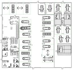 the floor plan for an office building with two parking spaces and several cars parked in it