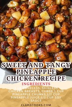 sweet and tangy pineapple chicken recipe in a skillet with text overlay